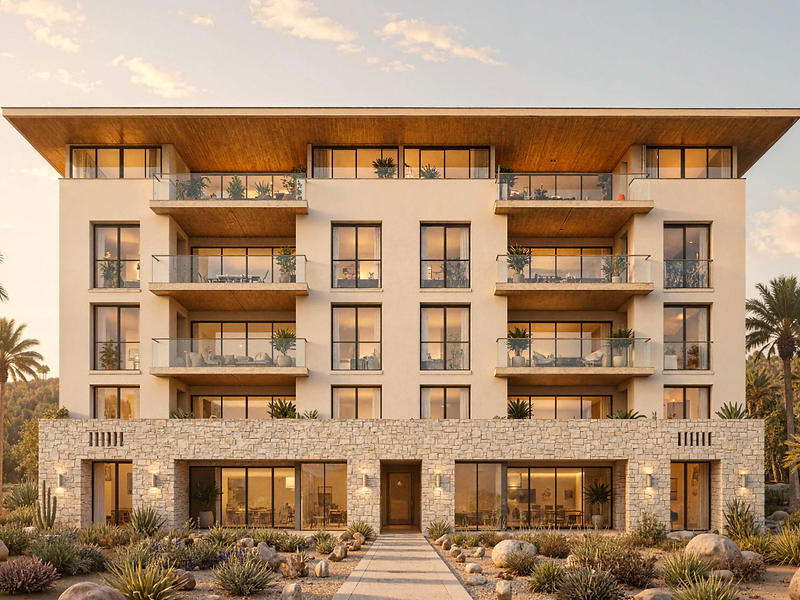ALMARA residences at golden hour where the desert meets the sea