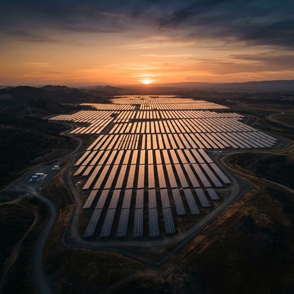 Vista de una planta de energía solar al atardecer