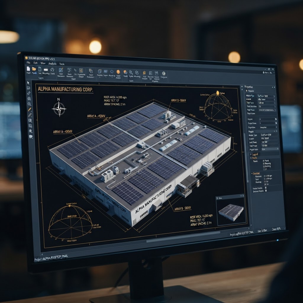 Pantalla con el diseño del sistema solar sobre el techo de una industria