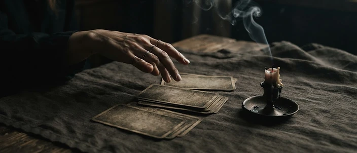 Tarot cards on linen beside a spent candle