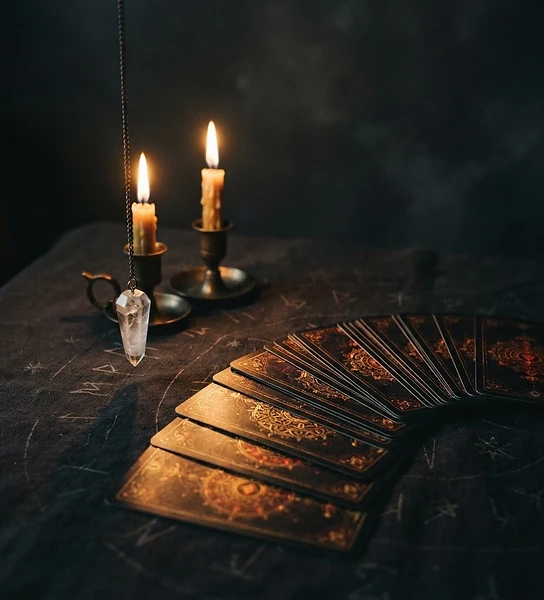 A fanned tarot deck spread with a clear quartz pendulum and small ritual candles in chiaroscuro light