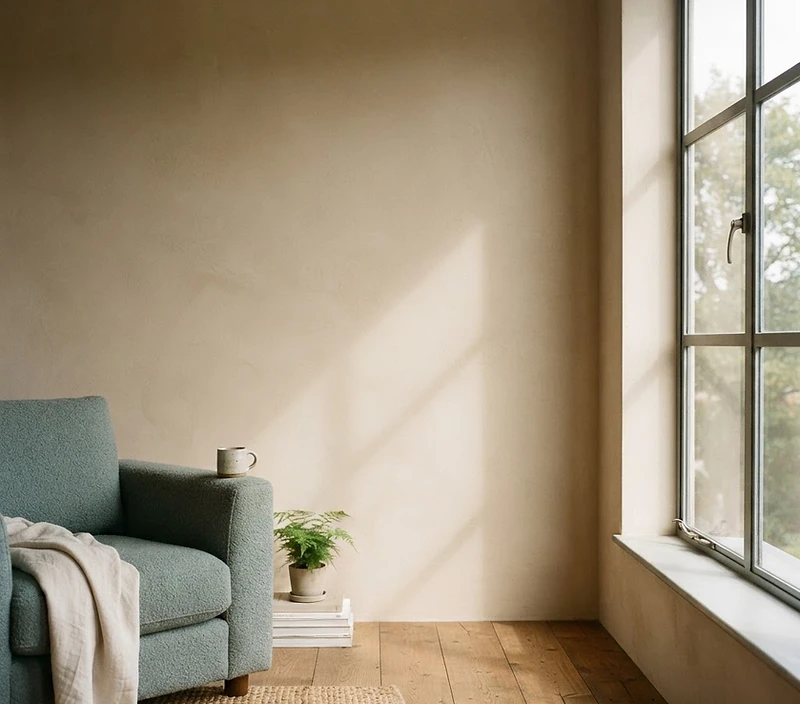 Soft morning light through a tall window in a warm, quiet room