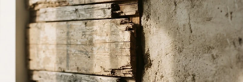 Raking natural light and shadow moving across a weathered wall of layered wood and concrete