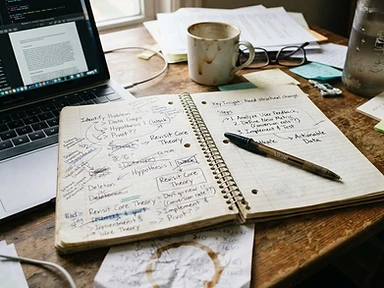 A desk mid-work, handwritten notes with arrows and crossed-out words, a pen, a coffee ring. Thinking and building.