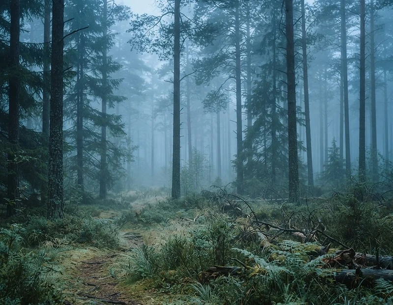 A quiet forest at soft light, deep and grounded