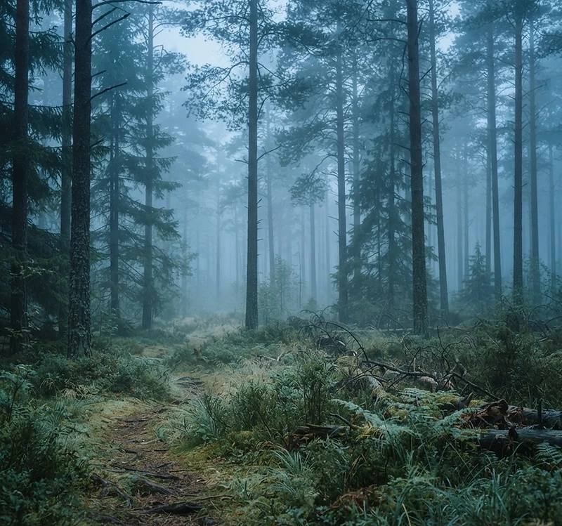 A quiet forest at soft light, deep and grounded