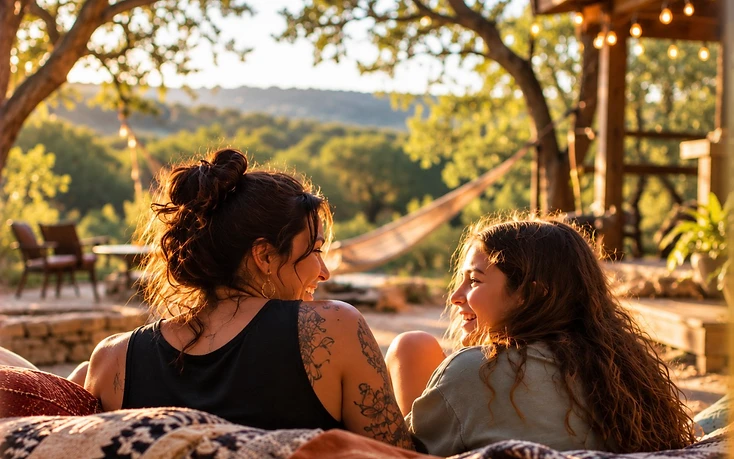Mother and daughter sharing a joyful moment together outdoors in the Texas Hill Country.