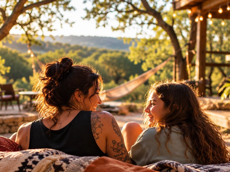 Mother and daughter sharing a joyful moment together outdoors in the Texas Hill Country.