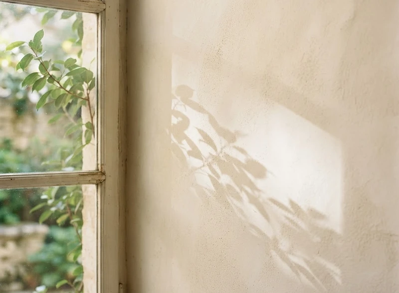 Daylight falling through a quiet window across an uncluttered interior wall