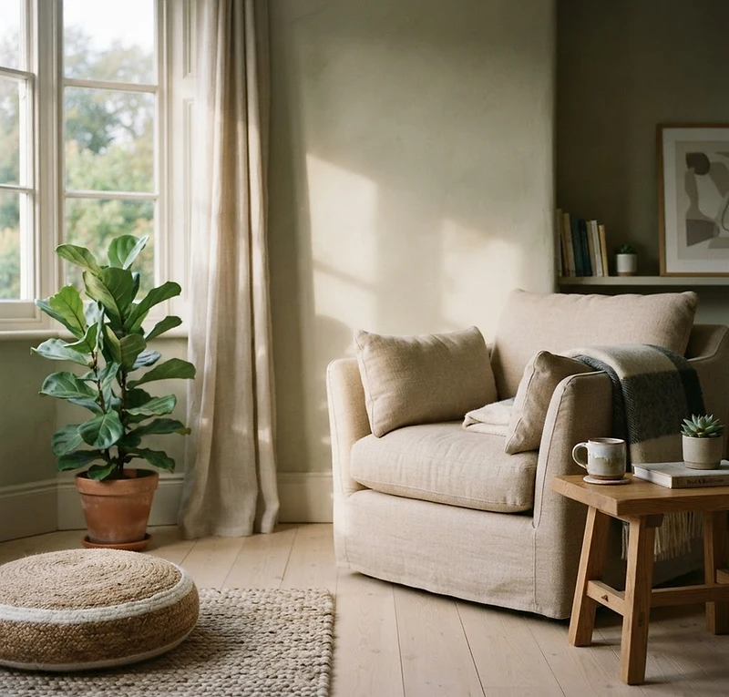 A quiet therapy room corner with a linen armchair, folded throw, and floor cushion in warm window light