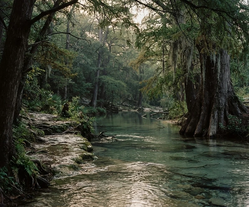 A calm creek moving through morning light