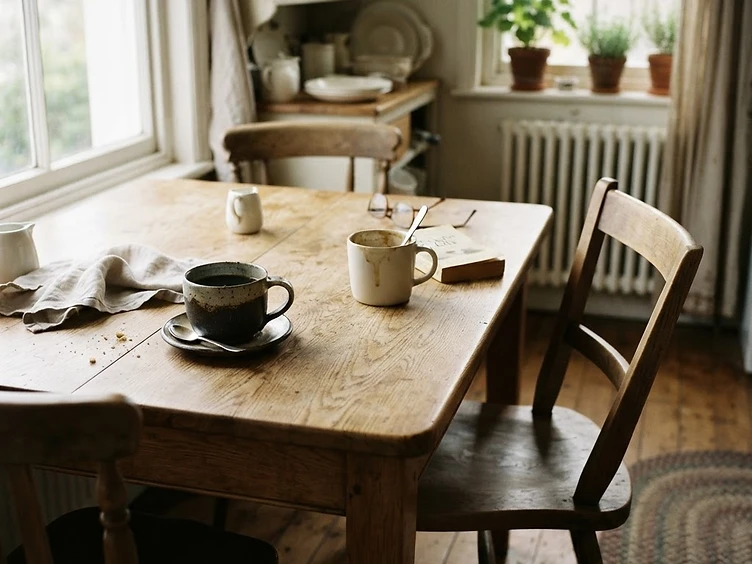 Two chairs at a kitchen table, two coffee mugs, morning light. The quiet evidence of a conversation.