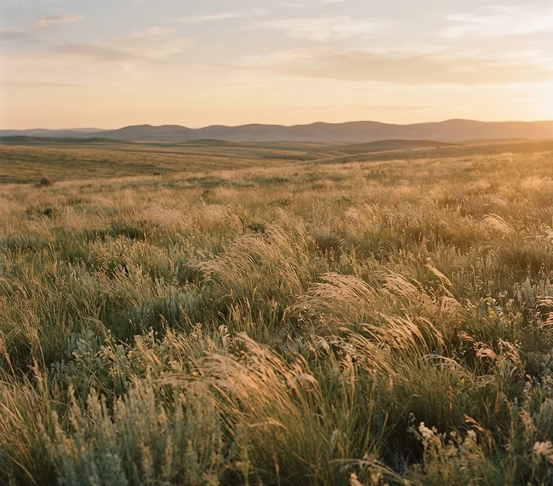 An open meadow at quiet light, wide and unhurried