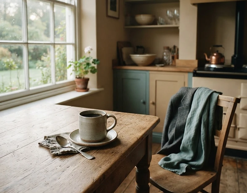 Quiet morning scene with a single coffee mug on a wooden table by a window