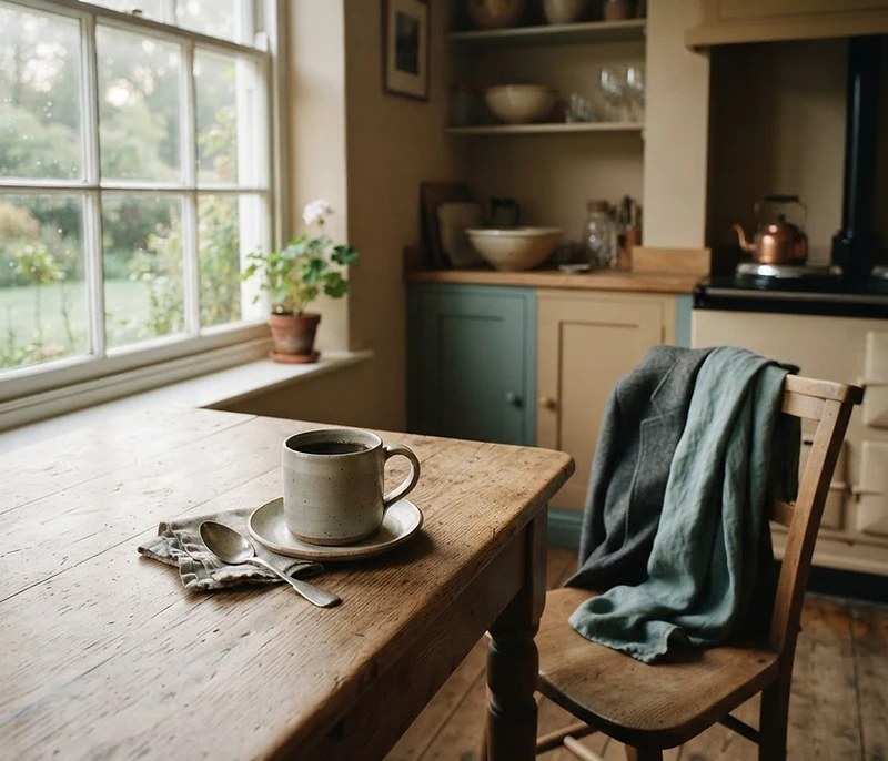 Quiet morning scene with a single coffee mug on a wooden table by a window