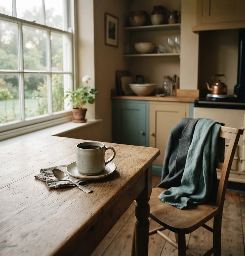 Quiet morning scene with a single coffee mug on a wooden table by a window