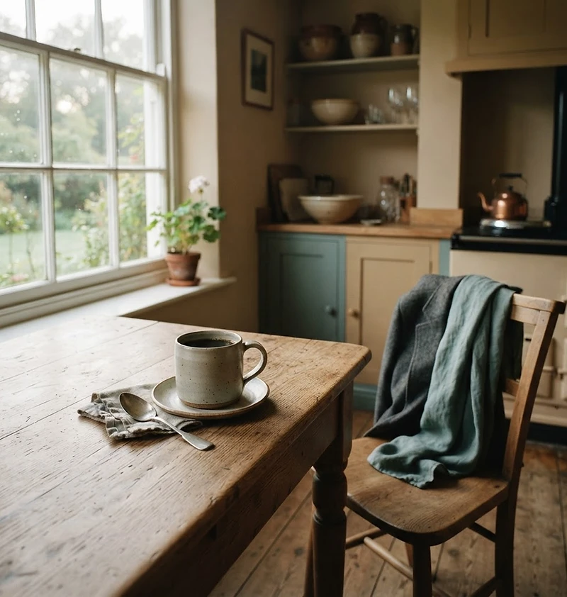 Quiet morning scene with a single coffee mug on a wooden table by a window