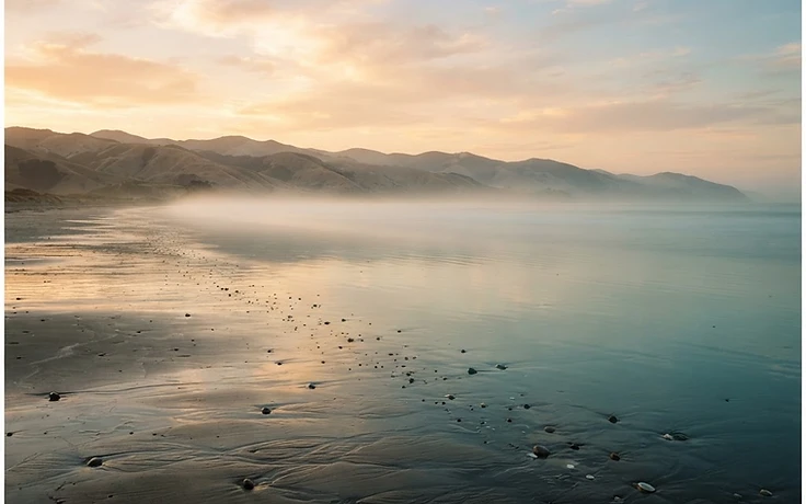 A calm shoreline at dawn with gentle waves meeting the sand