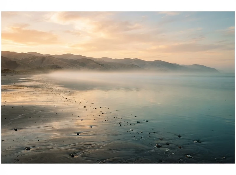 Quiet shoreline at dusk with soft light over still water