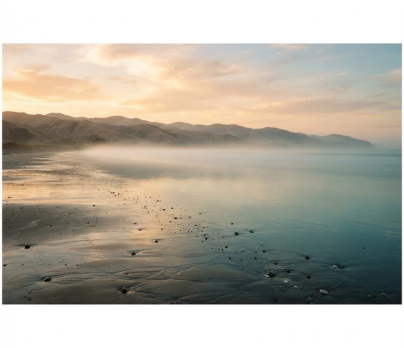 A quiet shoreline in soft, calm light
