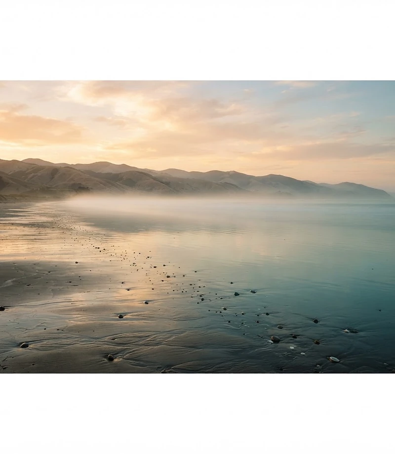 Quiet shoreline at dusk with soft light over still water