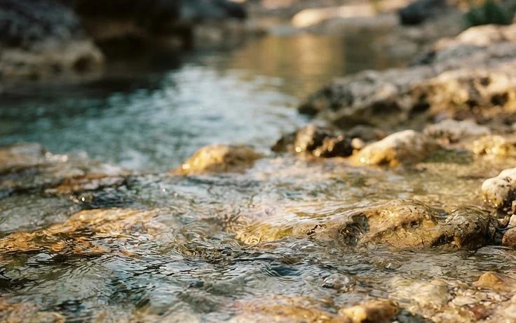 Clear creek water moving gently over layered limestone