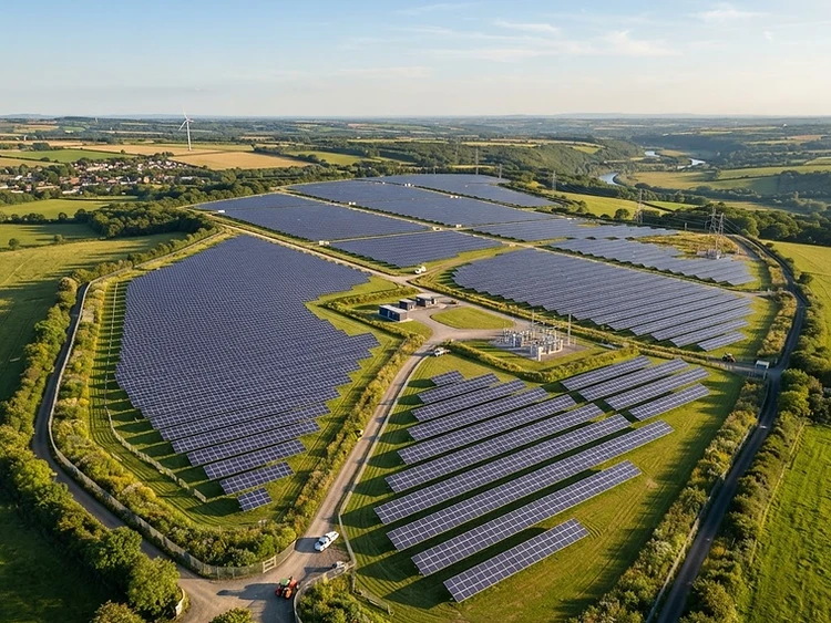 Parco fotovoltaico con vegetazione gestita tra le file di pannelli solari