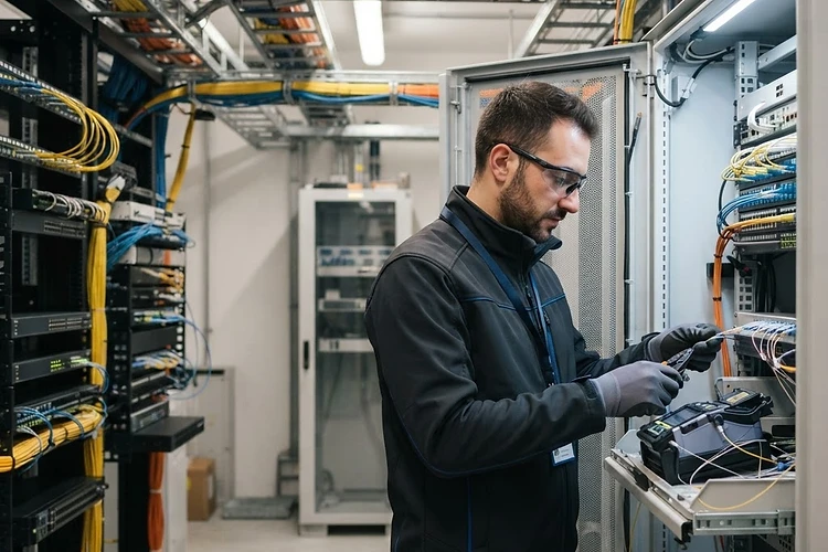 Tecnico durante un intervento su infrastruttura in fibra ottica