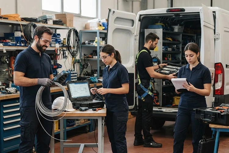 Gruppo di tecnici che prepara le attrezzature prima di un intervento