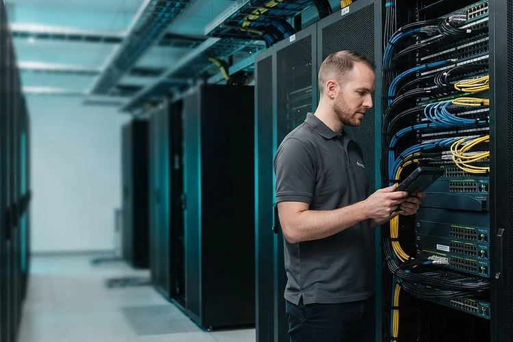 Tecnico che verifica un rack e l'infrastruttura di rete aziendale