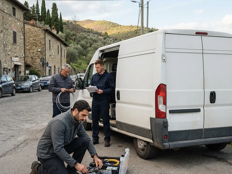 Squadra tecnica che prepara un intervento di telecomunicazioni