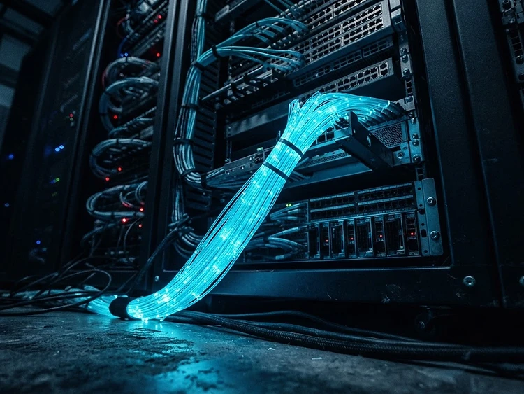 Server rack con cablaggi ordinati illuminati di ciano
