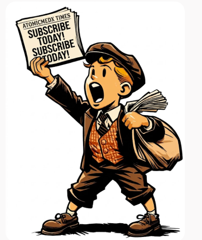 AtomicMedX Times paperboy holding up a newspaper that reads Subscribe Today