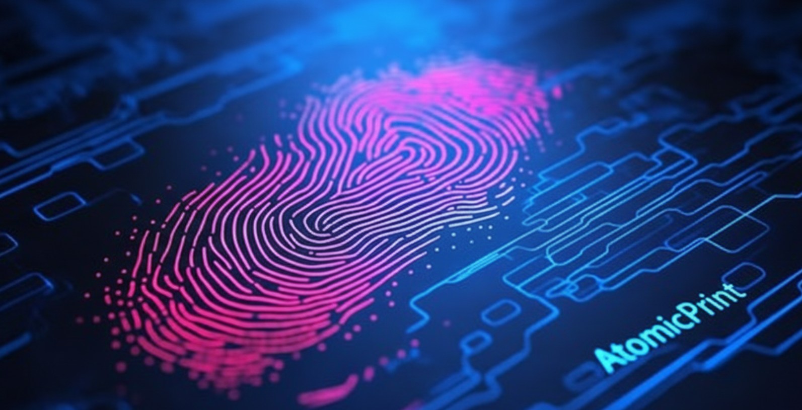 AtomicPrint — a glowing fingerprint mapped onto a digital circuit pattern