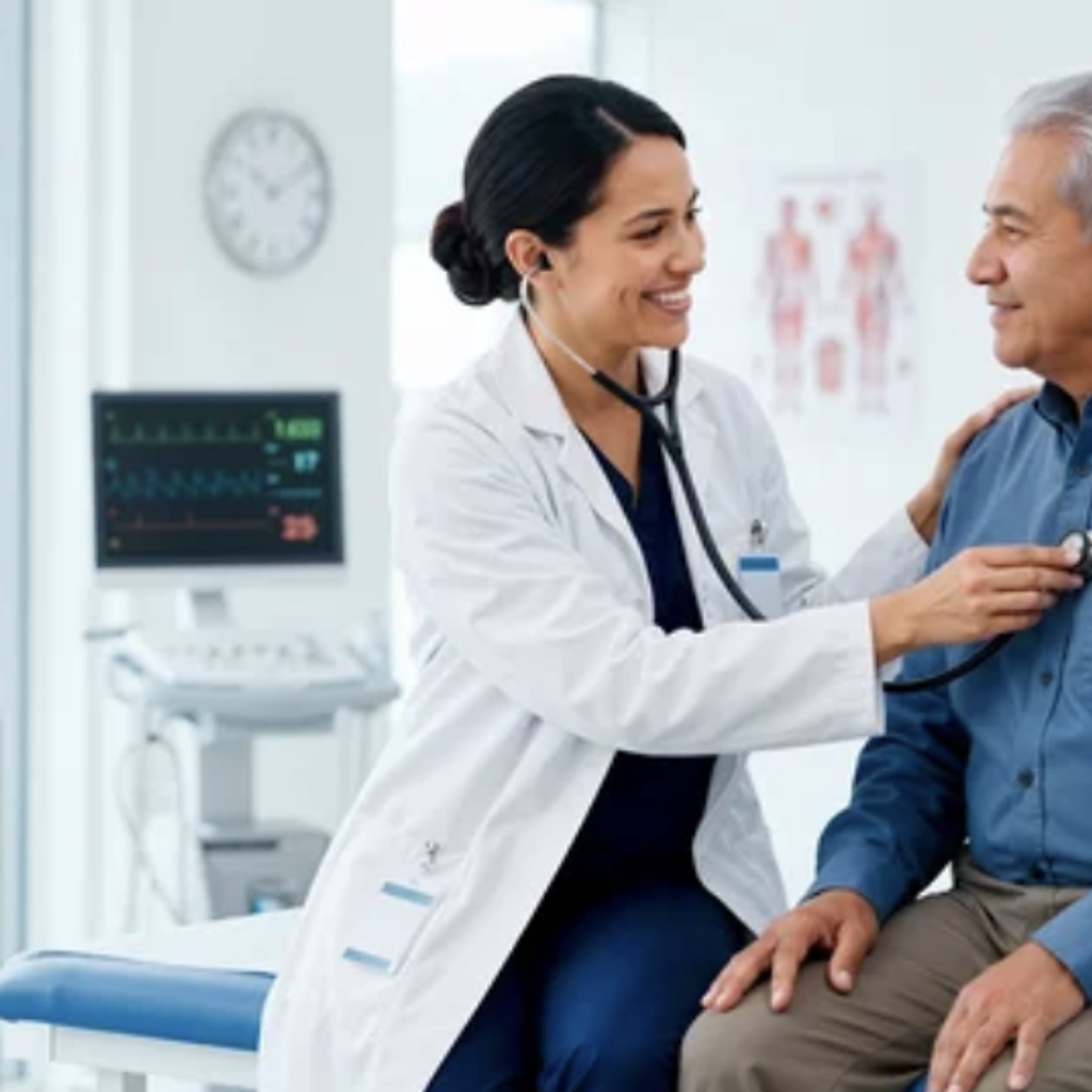 AtomicMedX clinician examining a patient with a stethoscope