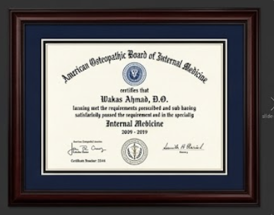 American Osteopathic Board of Internal Medicine certificate