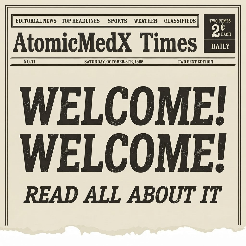 Vintage AtomicMedX Times newspaper front page with the headline Welcome! Welcome!