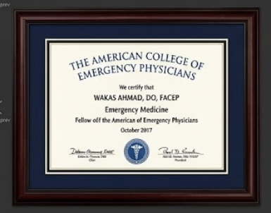 American College of Emergency Physicians fellowship certificate