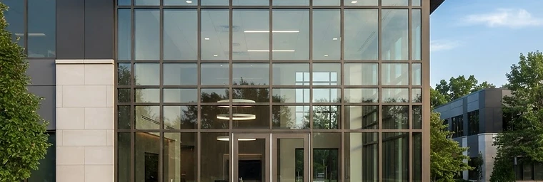 Commercial storefront entrance with architectural aluminum framing and commercial glazing