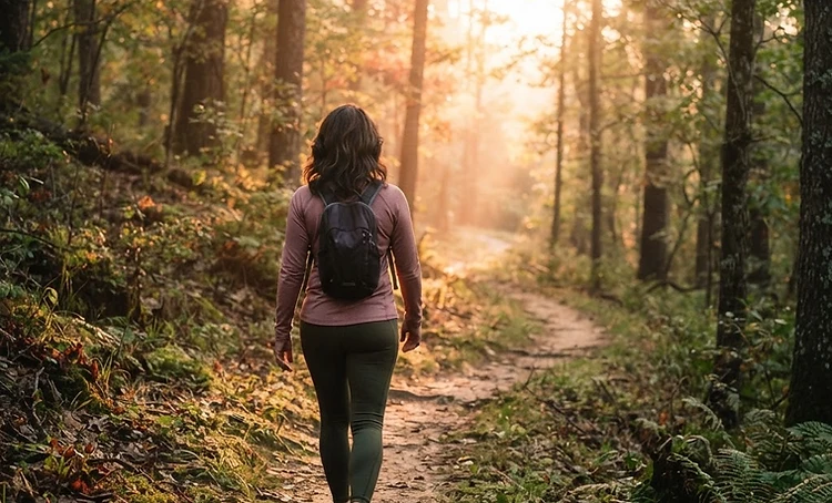 A woman walking confidently on a wooded path at sunrise