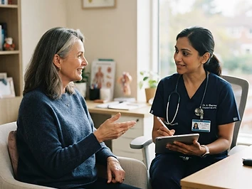A middle-aged woman in conversation with her doctor