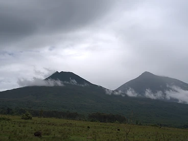 Mount Sabyinyo rising above terraced farmland in Volcanoes National Park