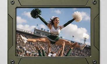 Olive-drab frame housing a cheerleader mid-stunt