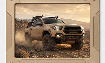 Desert-tan frame housing a pickup truck on a rocky trail