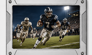 Brushed silver frame housing a football player sprinting under stadium lights