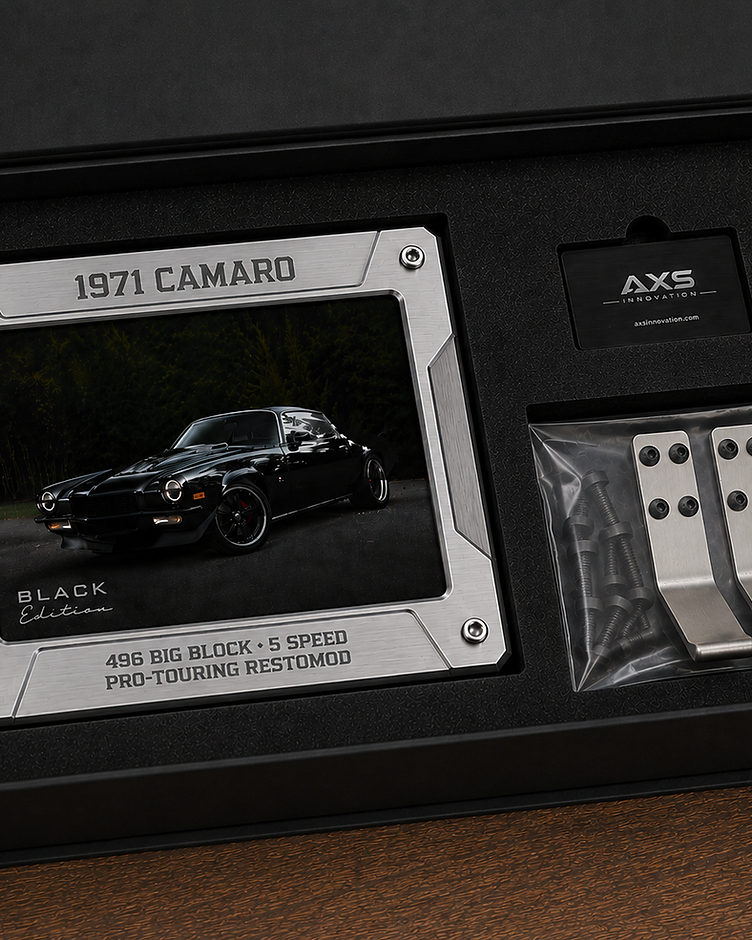 AXS INNOVATION presentation box with a CNC-milled frame, authenticity card, and mounting hardware