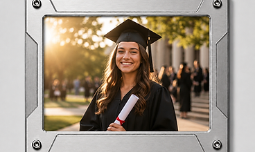 Brushed silver frame housing a graduation portrait