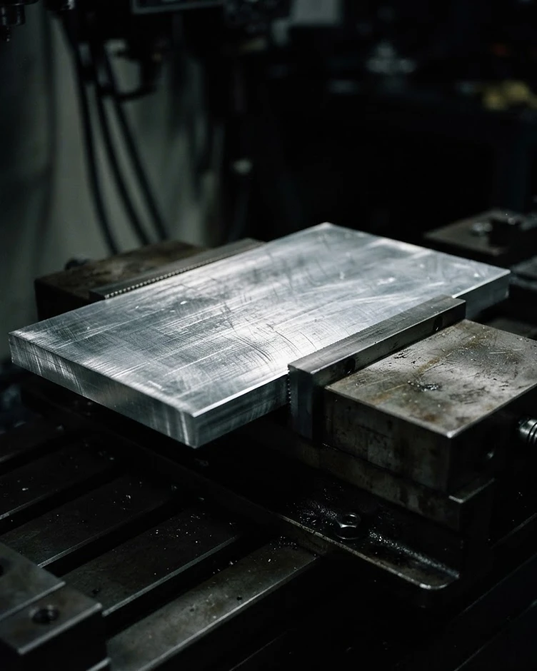 Flat aluminum billet stock clamped in a CNC vise