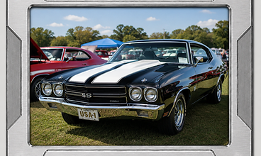 Brushed silver frame housing a black Chevelle SS at a car show