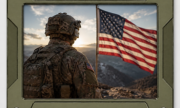 Olive-drab frame housing a soldier saluting the flag at golden hour